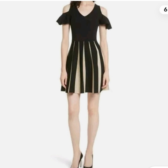 Ted Baker Wytney Black & Gold Cold Shoulder Skater Dress Size 3 - Picture 1 of 16